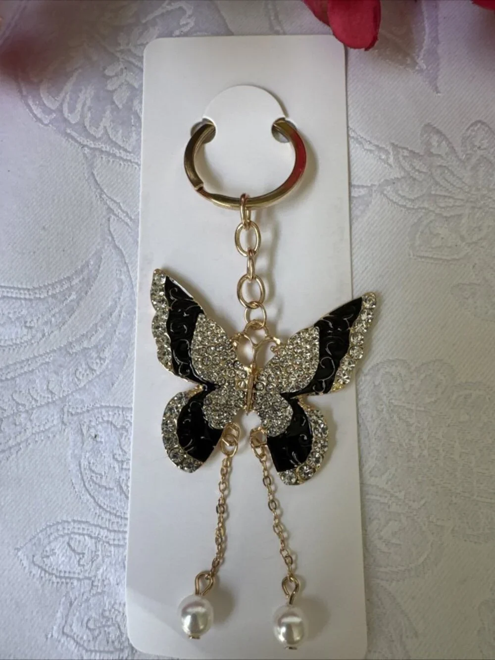 Bag Keychain Black Gold Butterfly Rhinestone Bag Charm Pearl Keyring NEW